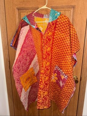 Colorful Patchwork Boho Kimono Cardigan - Red, Orange, Pink, Teal